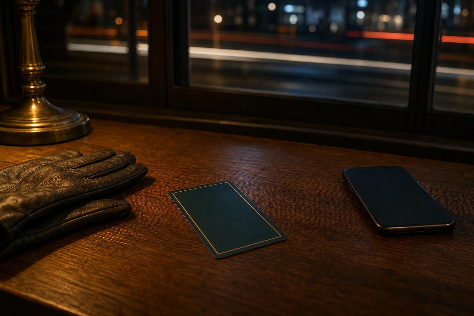 夜の机の上に、革の手袋と、伏せたタロットカード1枚、スマートフォンが画面を下にして置かれている