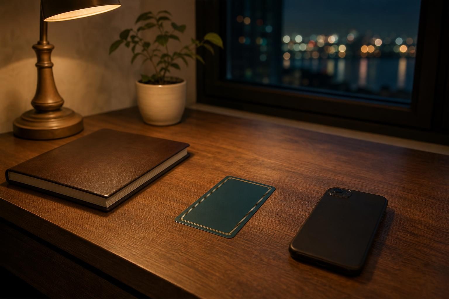 夜の机の上に、閉じたノートと、伏せたタロットカード1枚、スマートフォンが画面を下にして置かれている