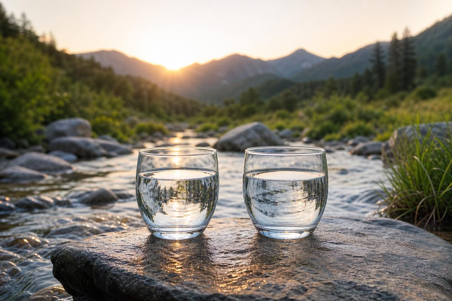 小川のほとりの平らな石の上に、水の入った2つのカップ