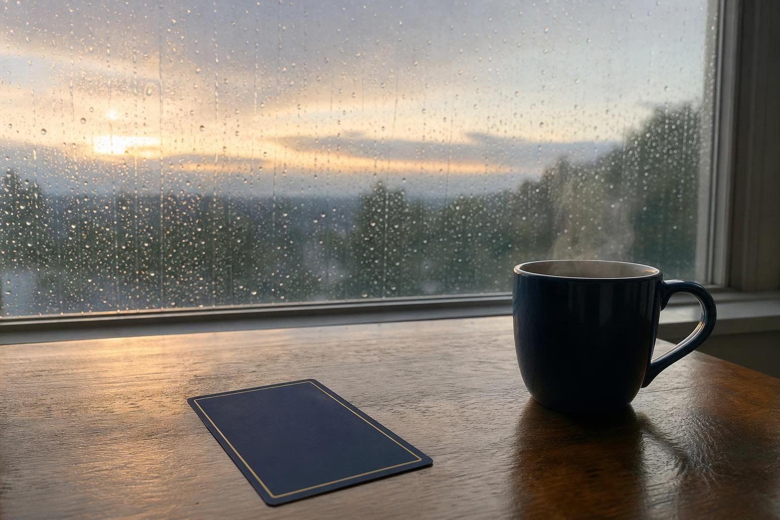 雨上がりの朝、水滴の残る窓ガラスの向こうに明るくなりはじめた空