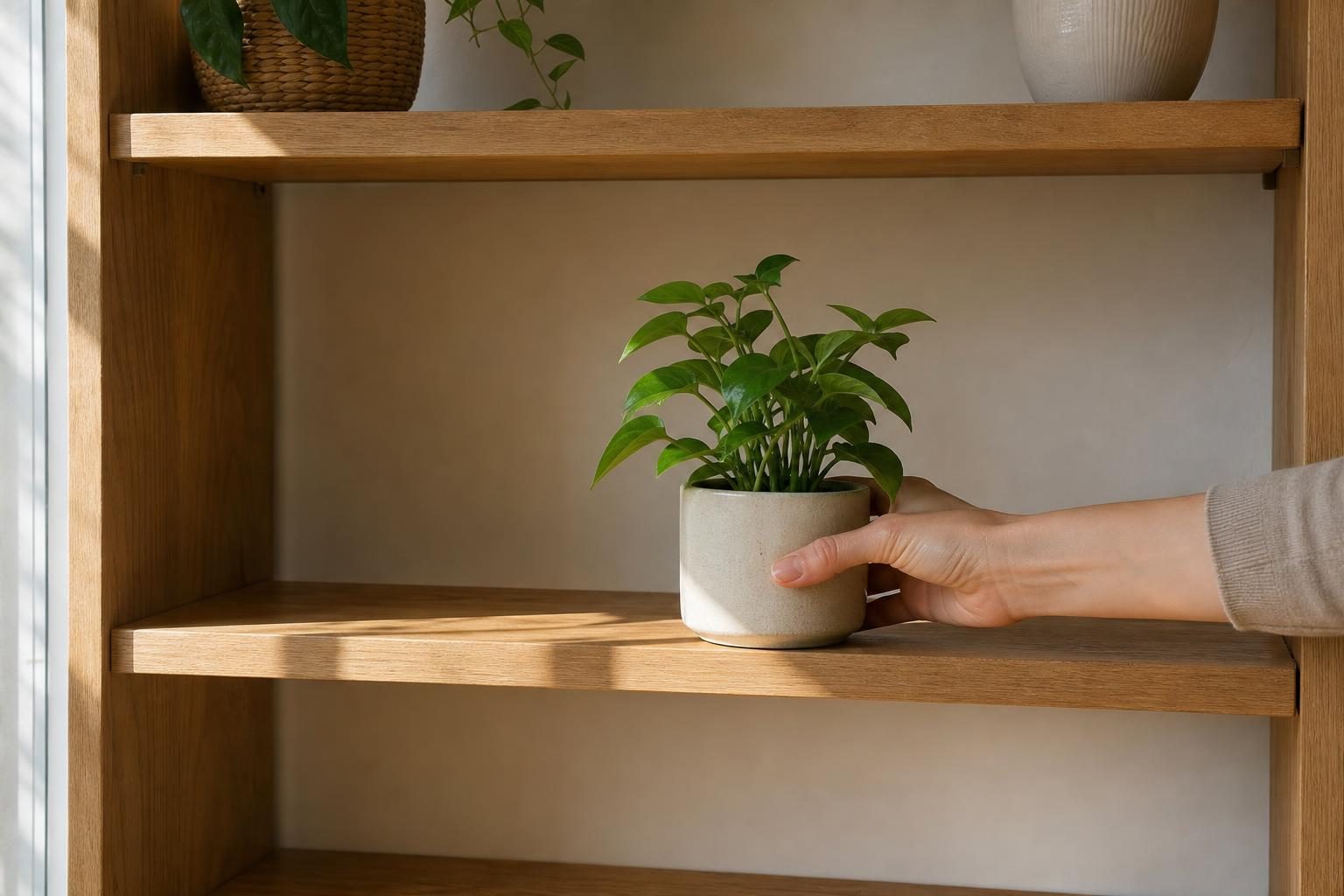 片づけて広くなった木の棚に、新しい小さな観葉植物の鉢を置こうとしている手元