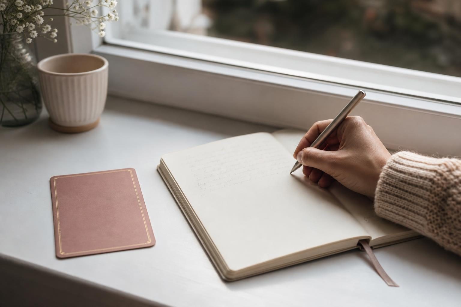 朝の光が差す窓辺で、ノートにペンで書きものをしている女性の手元と、そばに伏せて置いた1枚のタロットカード