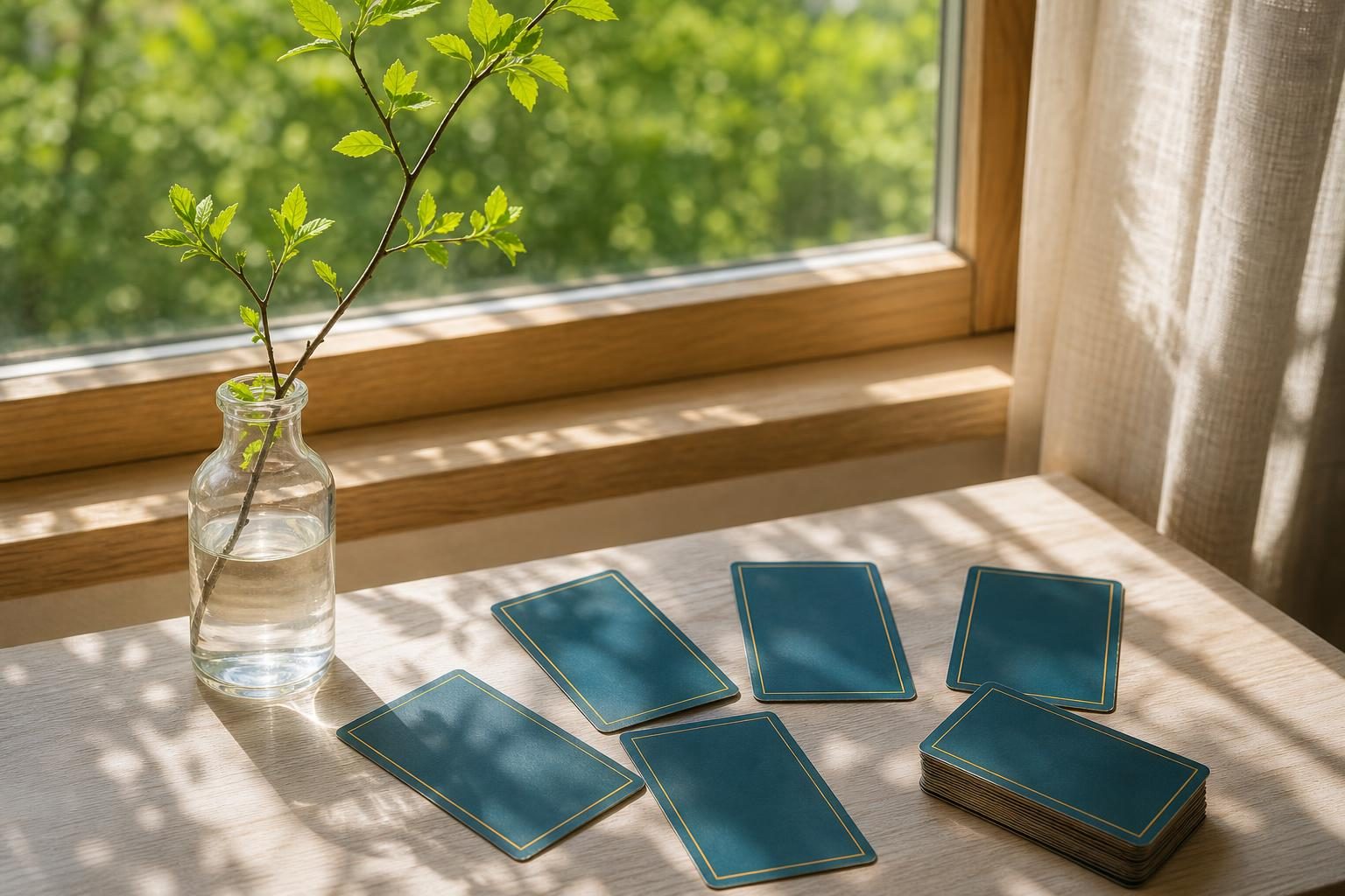 朝の光が差す窓辺のテーブルに、若葉のついた細い木の枝を1本挿したガラスのびんと、伏せて置かれたタロットカードが数枚
