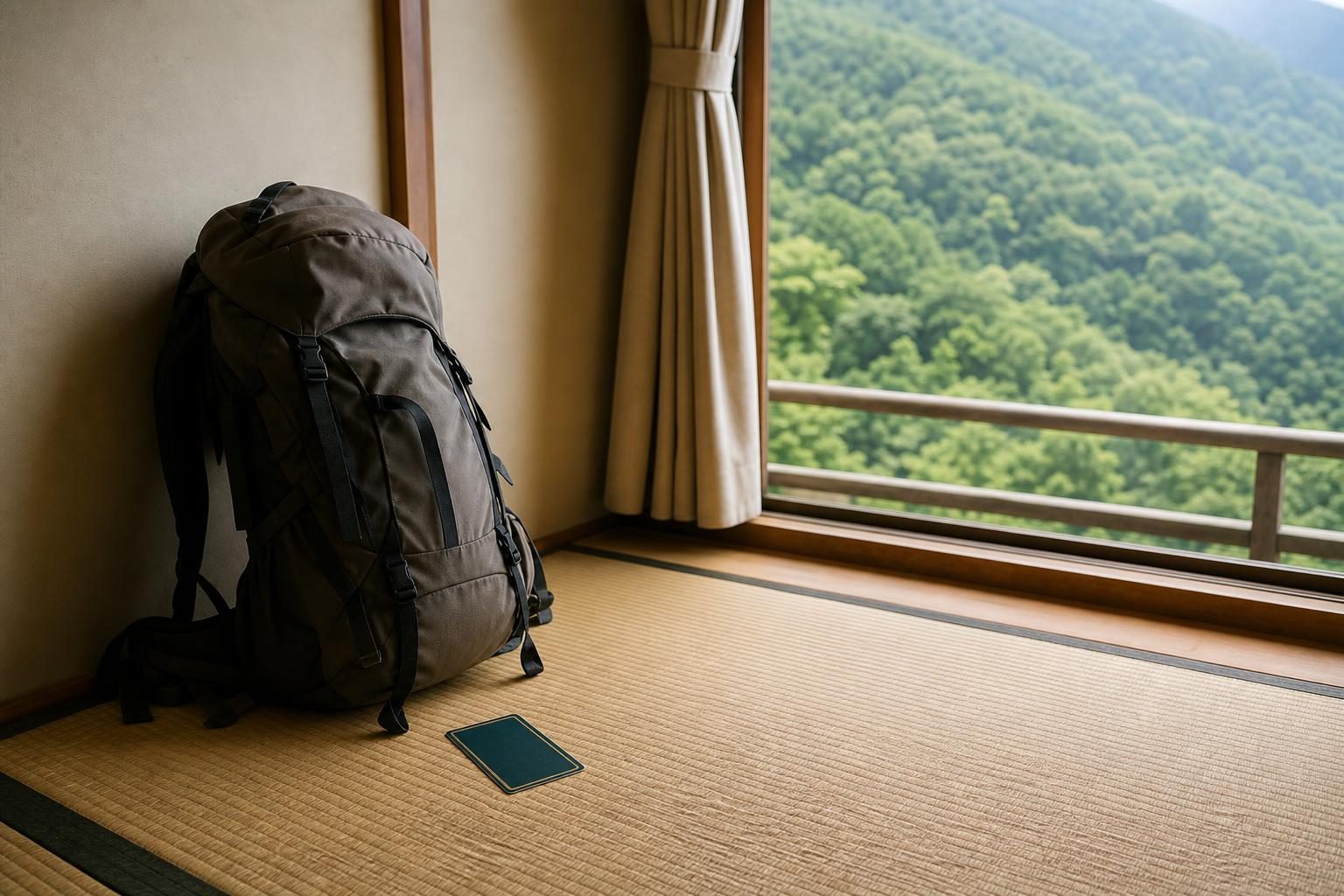 旅館の畳の部屋の片すみに、下ろしたばかりの大きなリュックサックと、そばに伏せたタロットカード1枚