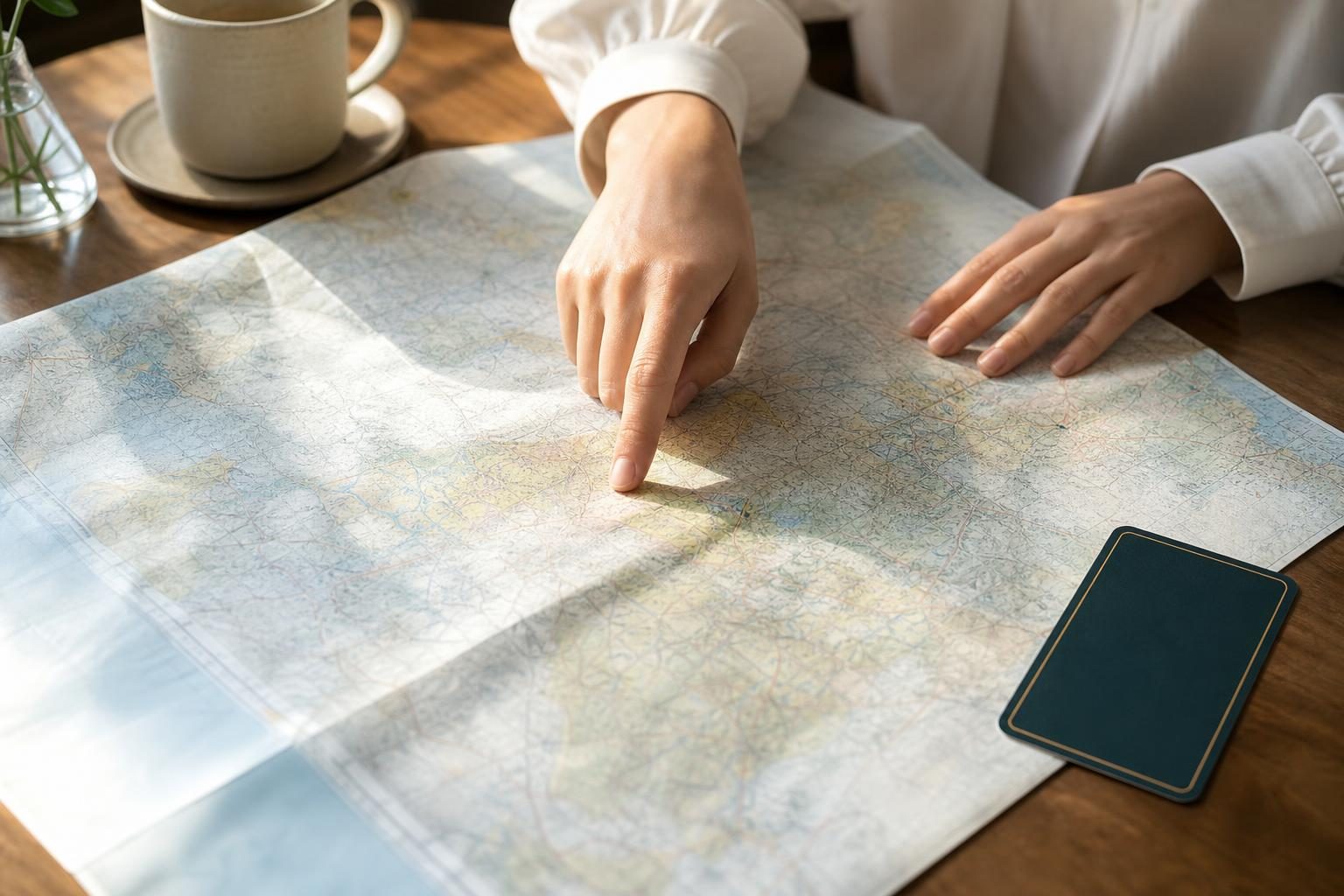 旅行の計画を立てるように、テーブルに地図を広げ、指で行き先をなぞっている手元だけの写真