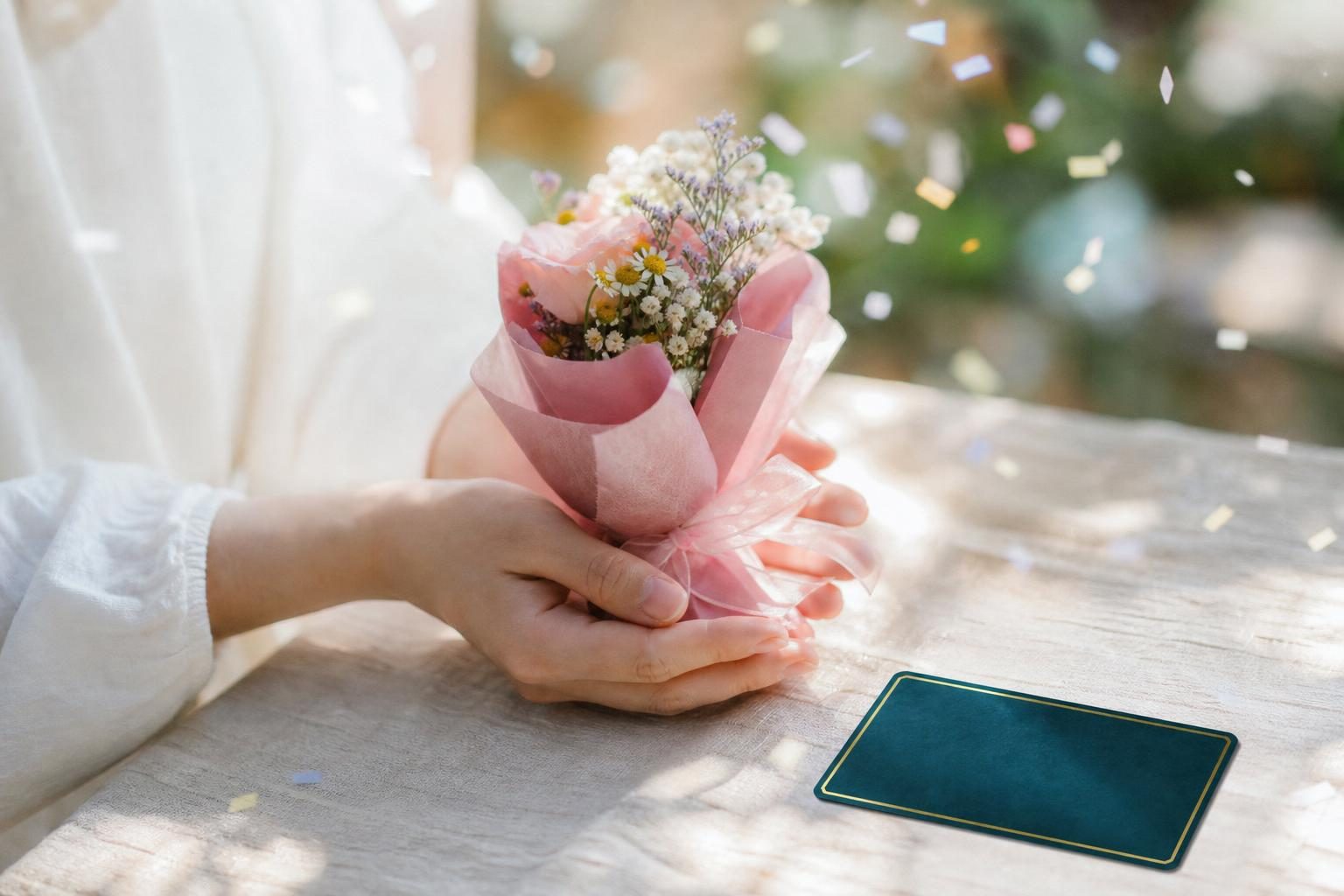 両手で小さな花束を受けとっている手元だけの写真