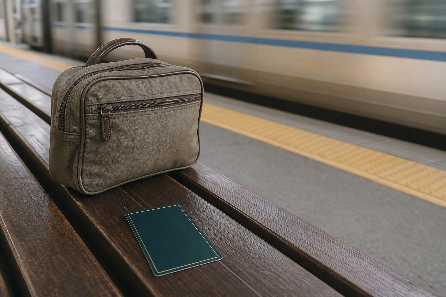 駅のホームのベンチに置かれた旅行用の小さなバッグと、伏せたタロットカード1枚