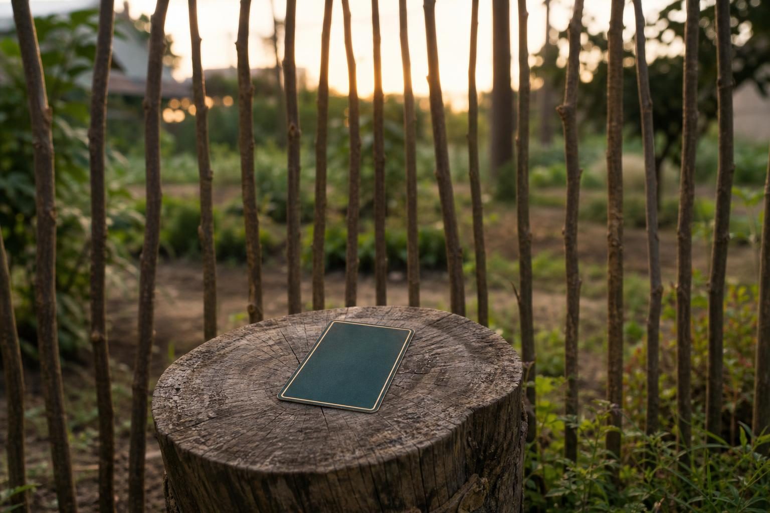 夕方の庭先に、細い木の枝が何本もまっすぐ並べて立てられ、低い垣根のようになっている