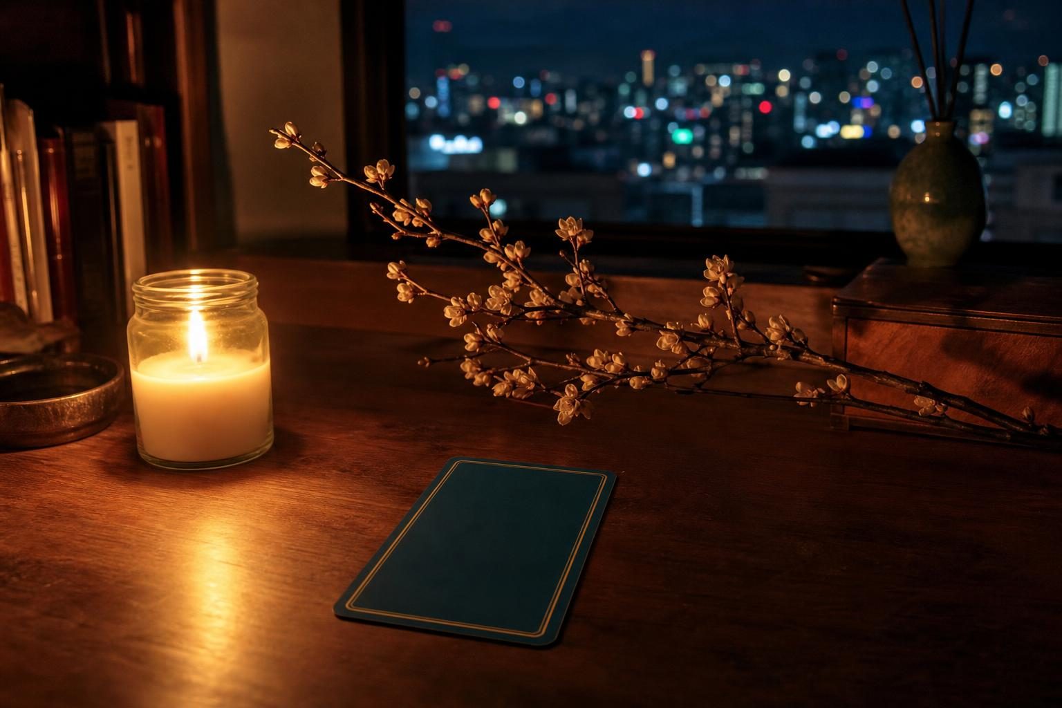 夜の書斎の机の上に、火のついたキャンドルと、花のついた木の枝、伏せたタロットカード1枚