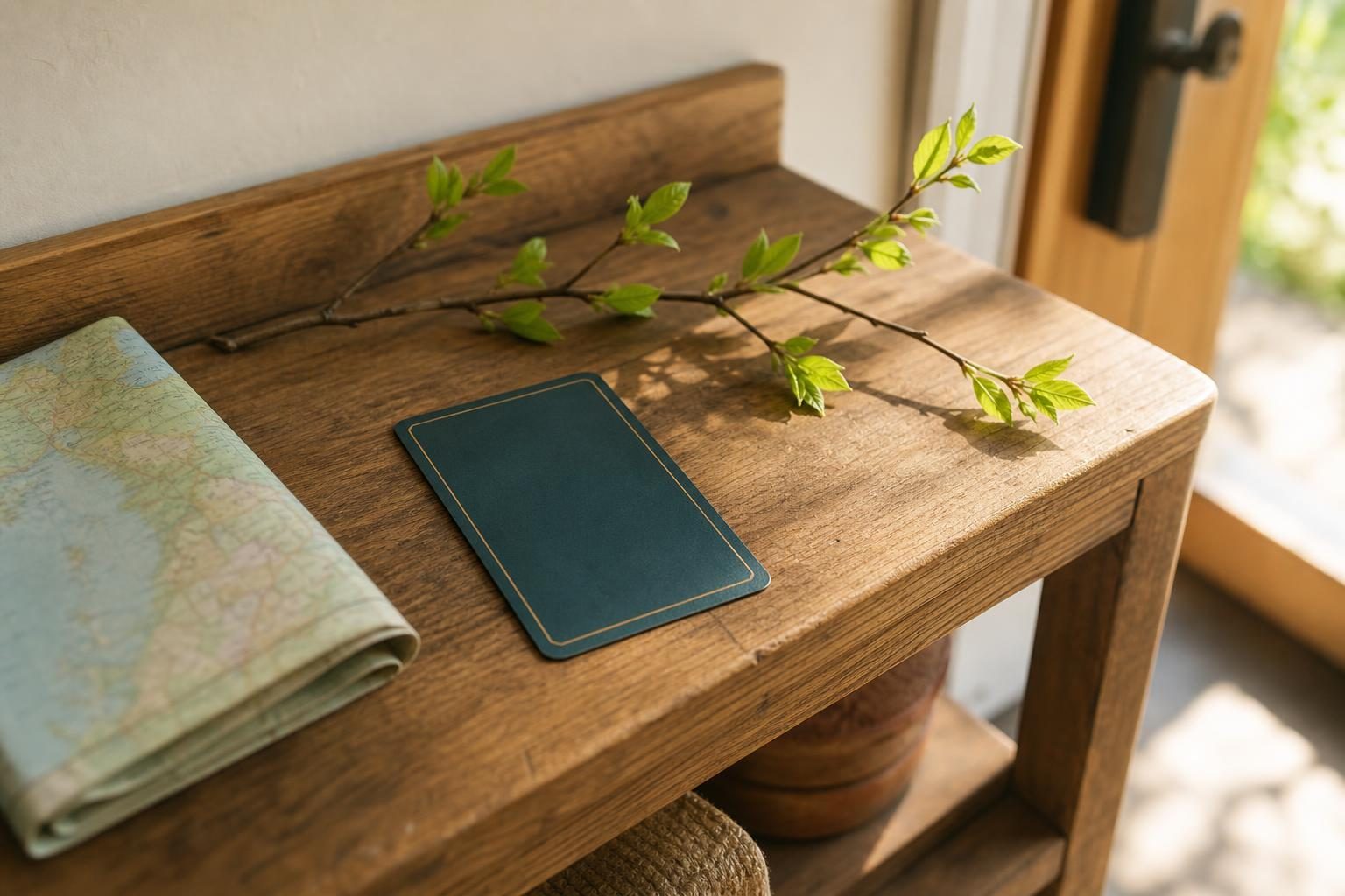 朝の光が差す玄関先の木の棚に、若葉のついた細い木の枝を1本と、たたんだ地図、伏せて置かれたタロットカード1枚