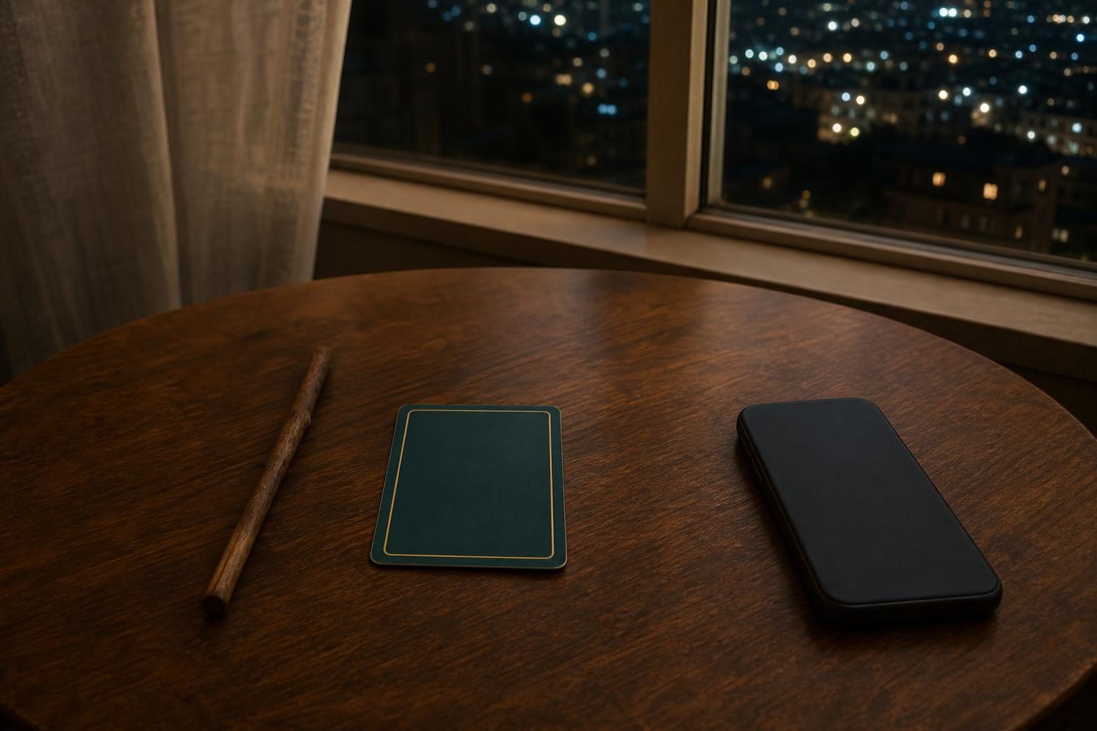 夜のテーブルの上に、細い木の枝が1本と、伏せたタロットカード1枚、スマートフォンが画面を下にして置かれている