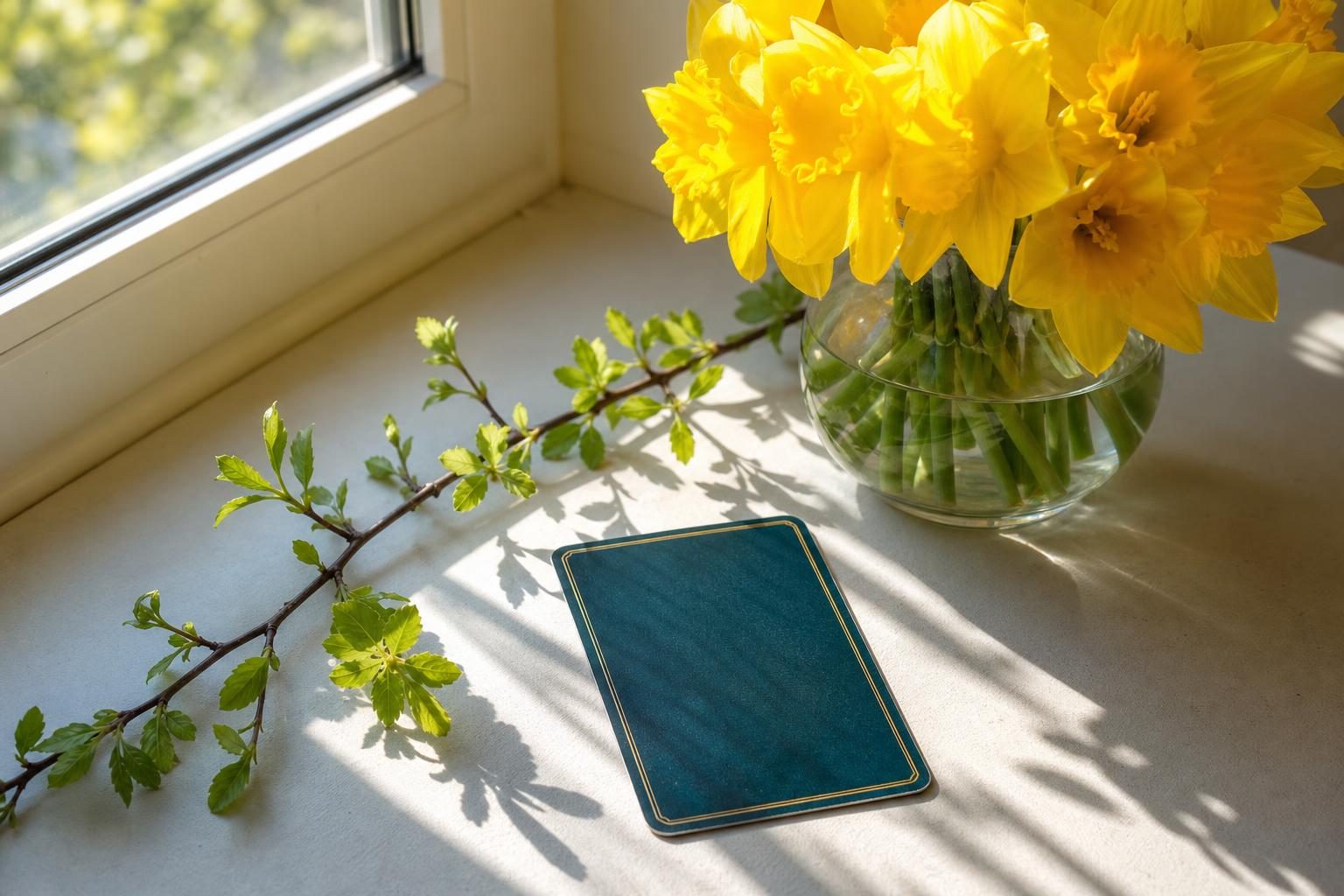 朝の光が差す窓辺のテーブルに、黄色い花を挿した花びんと、若葉のついた細い木の枝、伏せて置かれたタロットカード1枚