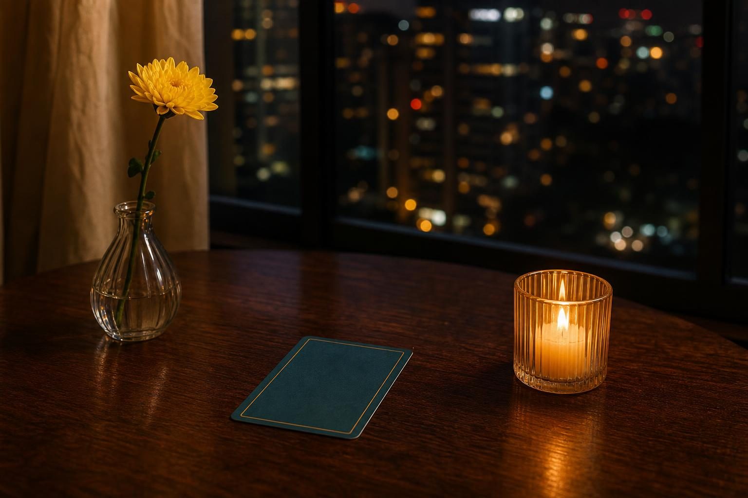 夜のテーブルの上に、黄色い花を1輪挿した小さな花びんと、伏せたタロットカード1枚、火のついたキャンドル