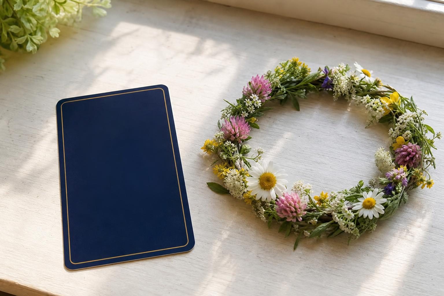 晴れた日の窓辺のテーブルに、1枚だけ伏せて置かれたタロットカードと、丸く編まれた小さな花のリース
