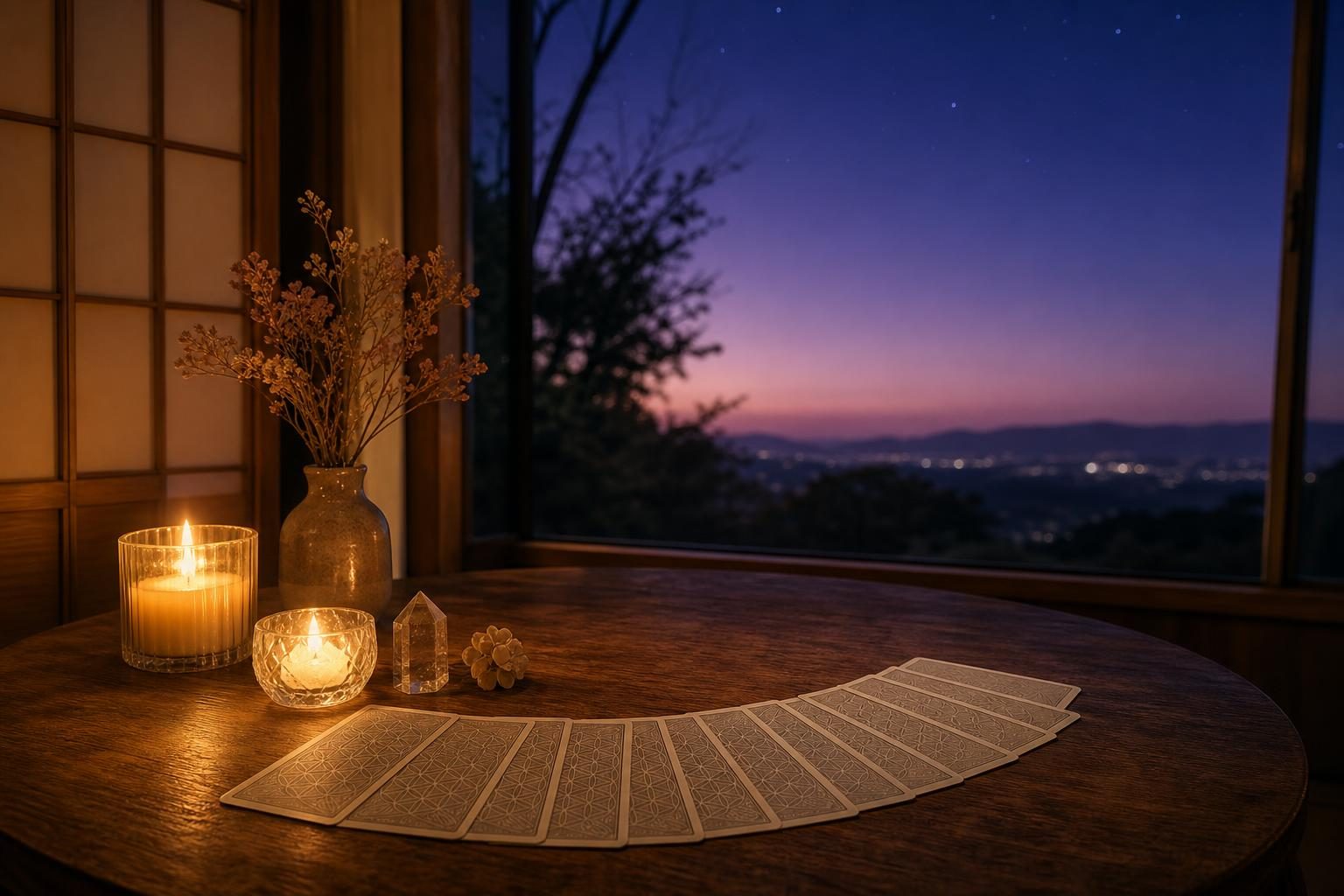 夕暮れの窓辺のテーブルに伏せて並べたカードとキャンドル